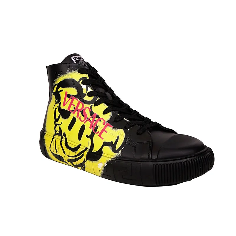47.5 US 14.5 NEW $850 VERSACE Men Black Leather SMILEY MEDUSA LOGO High-top SNEAKERS
