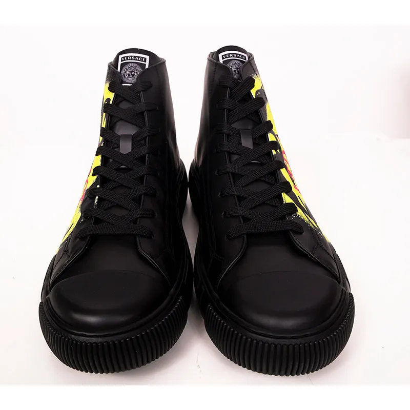 47.5 US 14.5 NEW $850 VERSACE Men Black Leather SMILEY MEDUSA LOGO High-top SNEAKERS