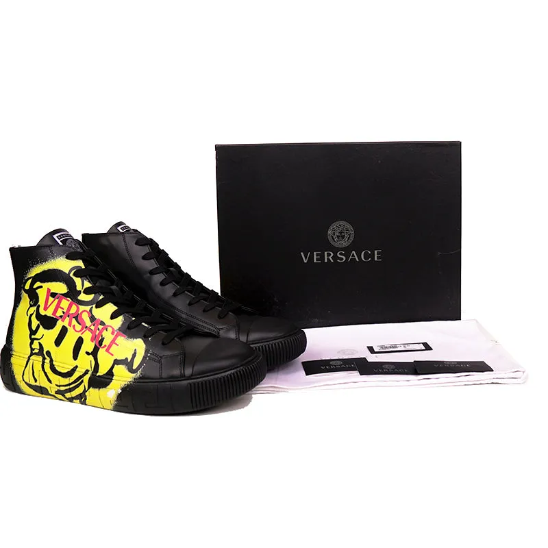 47.5 US 14.5 NEW $850 VERSACE Men Black Leather SMILEY MEDUSA LOGO High-top SNEAKERS