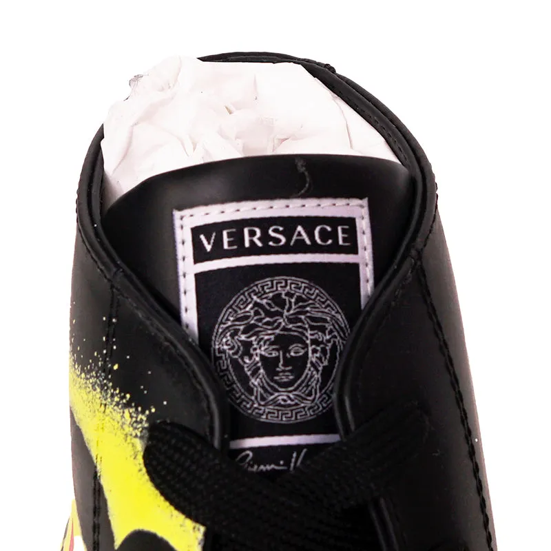 47.5 US 14.5 NEW $850 VERSACE Men Black Leather SMILEY MEDUSA LOGO High-top SNEAKERS