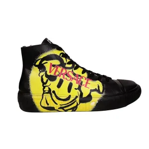 47.5 US 14.5 NEW $850 VERSACE Men Black Leather SMILEY MEDUSA LOGO High-top SNEAKERS
