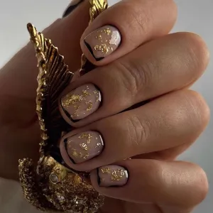 Black French Tip Press on Nails Short Fake Nails Glitter Sequins Square Acrylic Nails Press ons Nude Full Cover Stick Glue on Nails for Women Manicure 24 Pcs