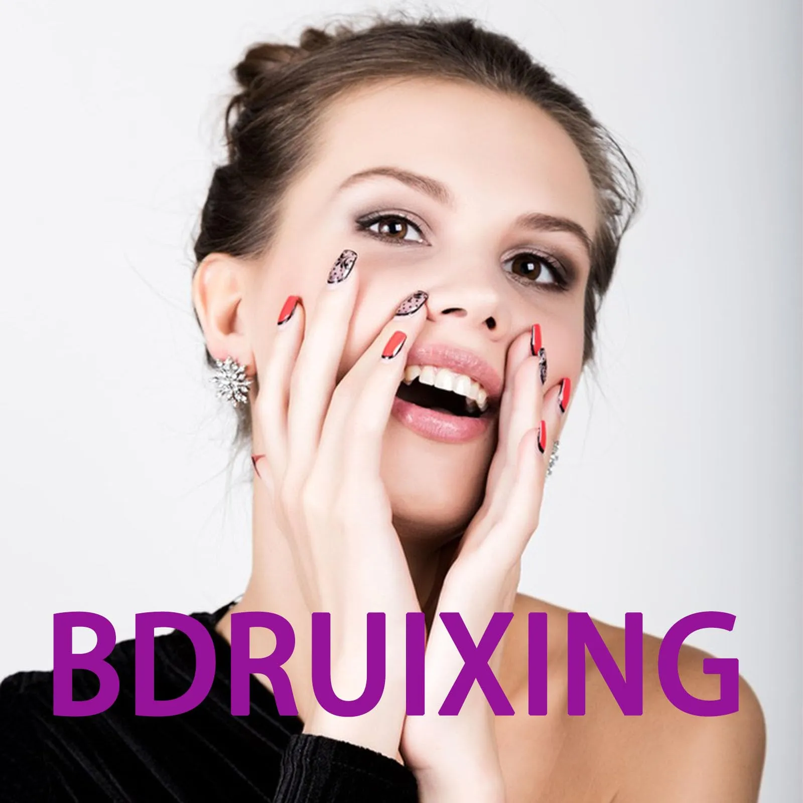 Black French Tip Press on Nails Short Fake Nails Glitter Sequins Square Acrylic Nails Press ons Nude Full Cover Stick Glue on Nails for Women Manicure 24 Pcs