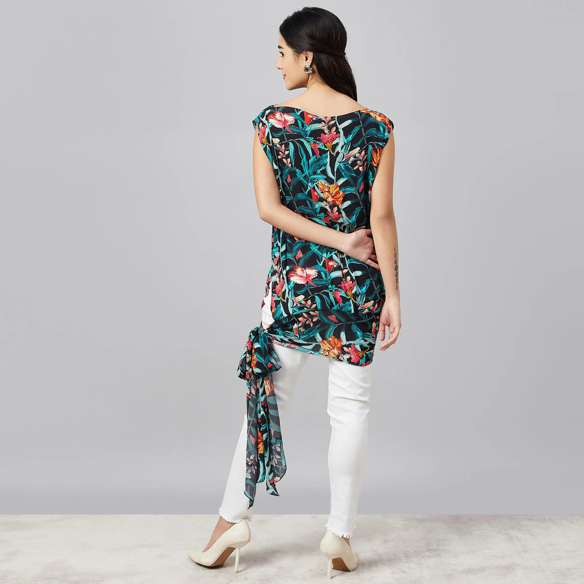Black Tropical Print Top