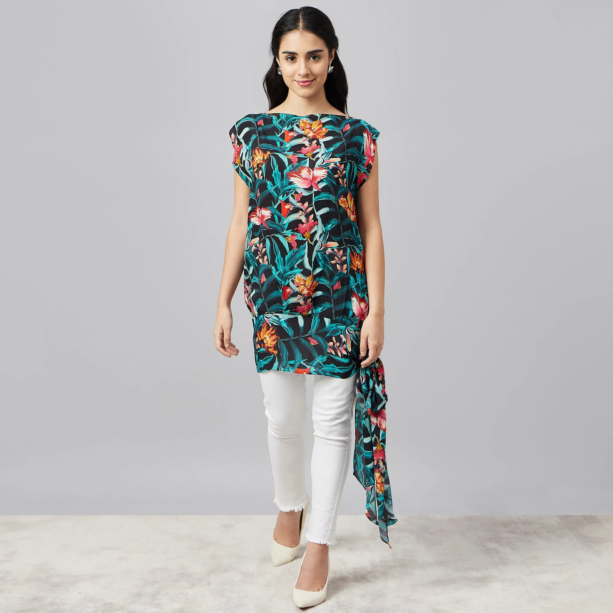 Black Tropical Print Top