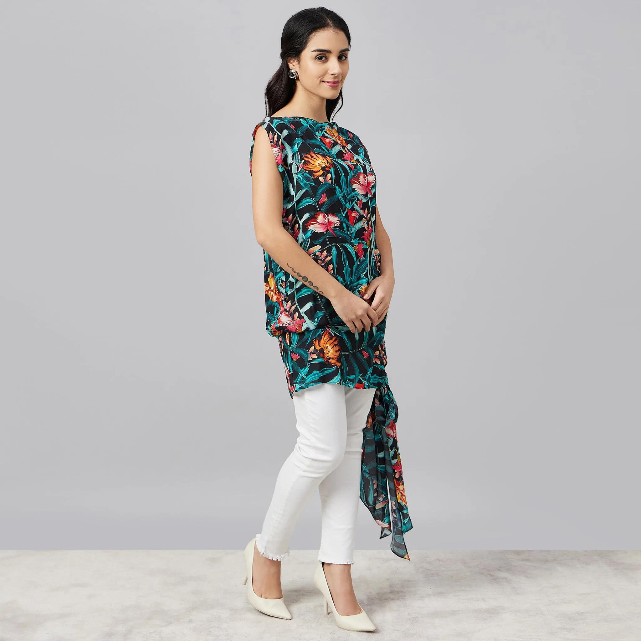 Black Tropical Print Top