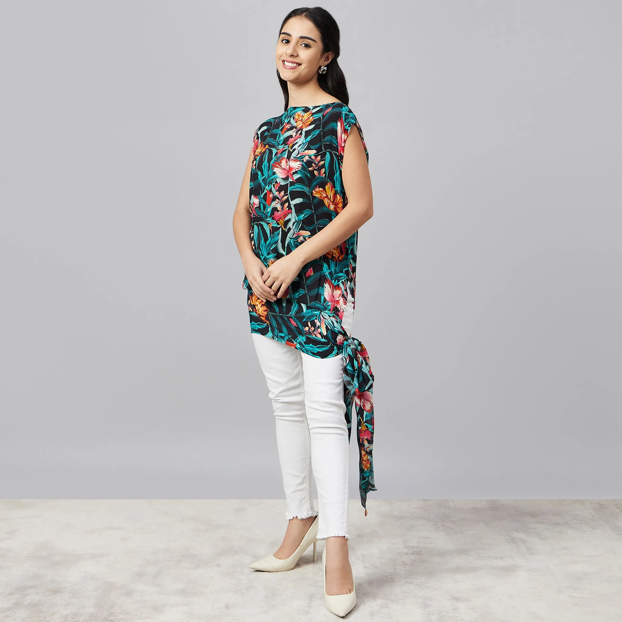 Black Tropical Print Top