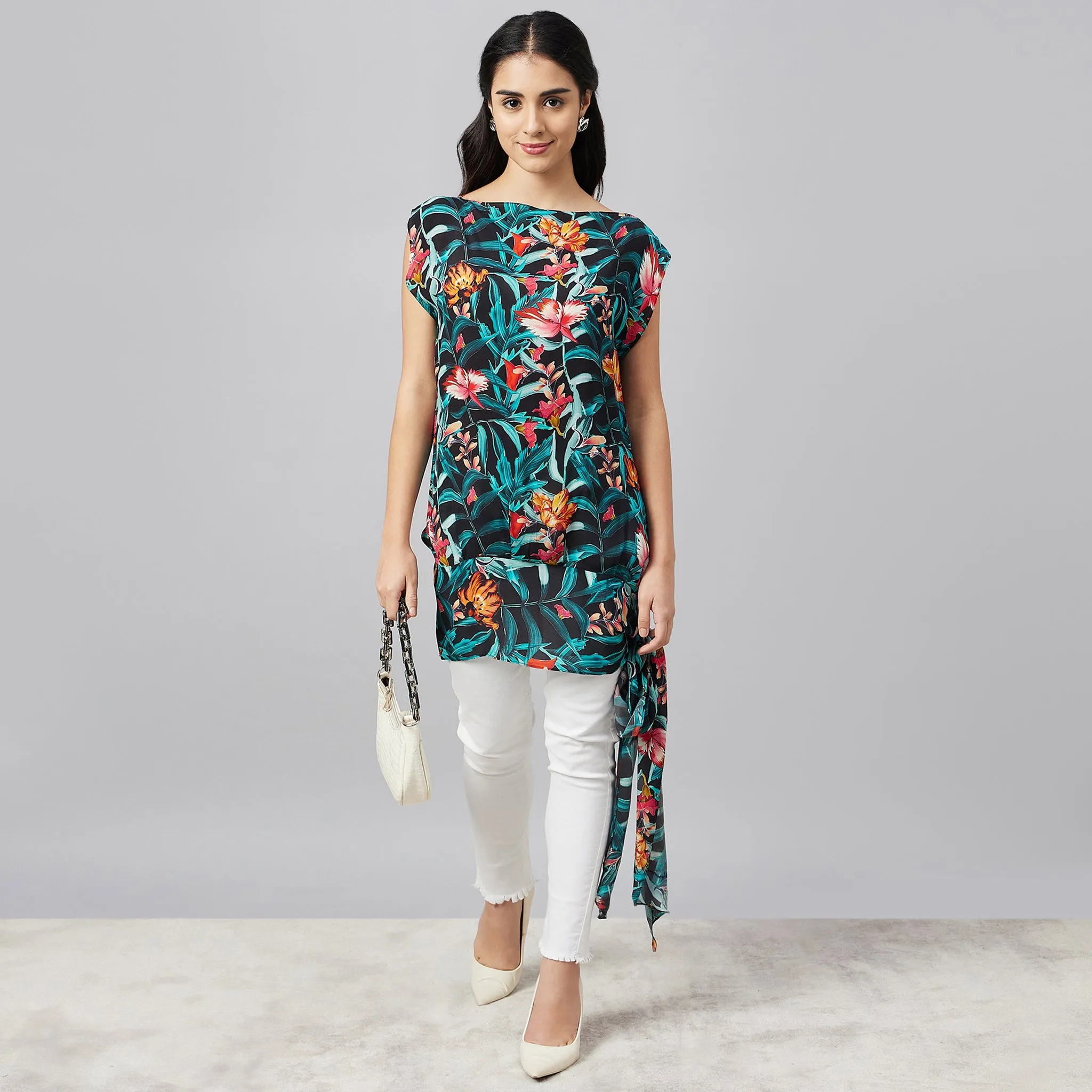 Black Tropical Print Top