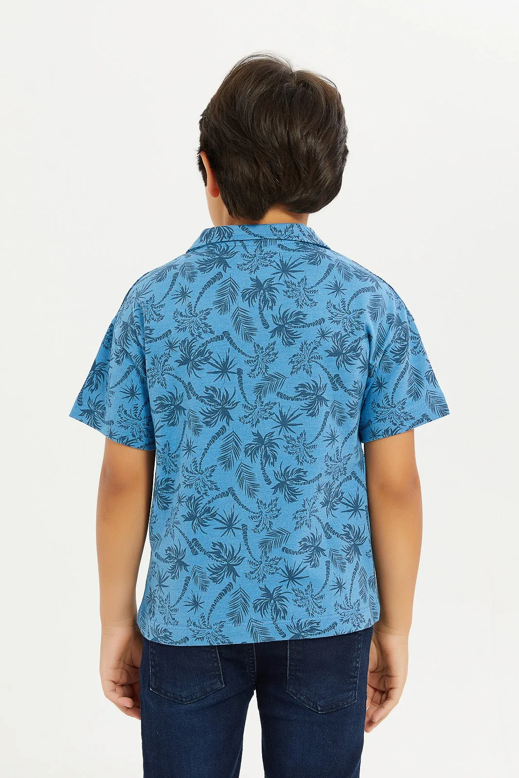 Boys Blue Printed Collared Shirt