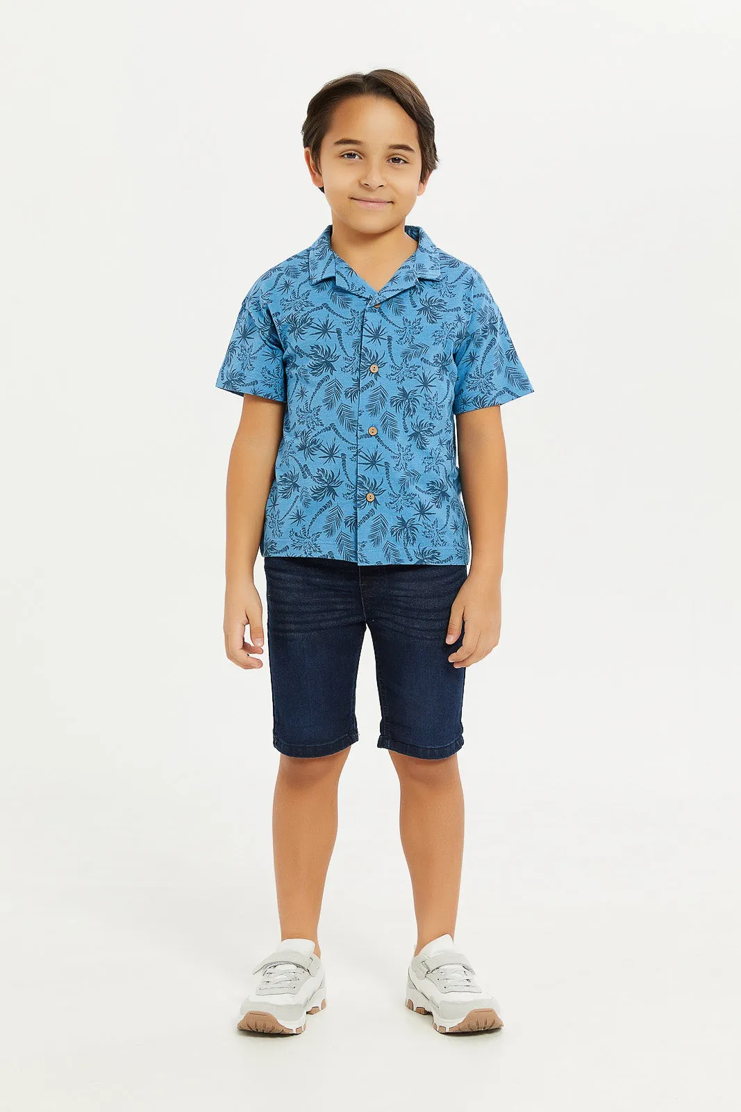 Boys Blue Printed Collared Shirt