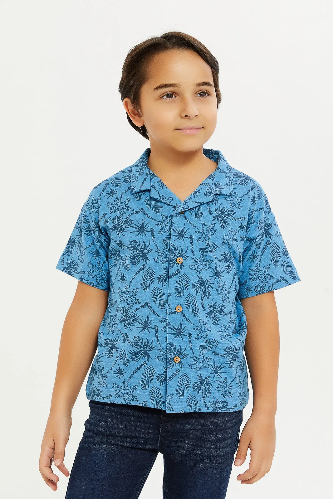 Boys Blue Printed Collared Shirt