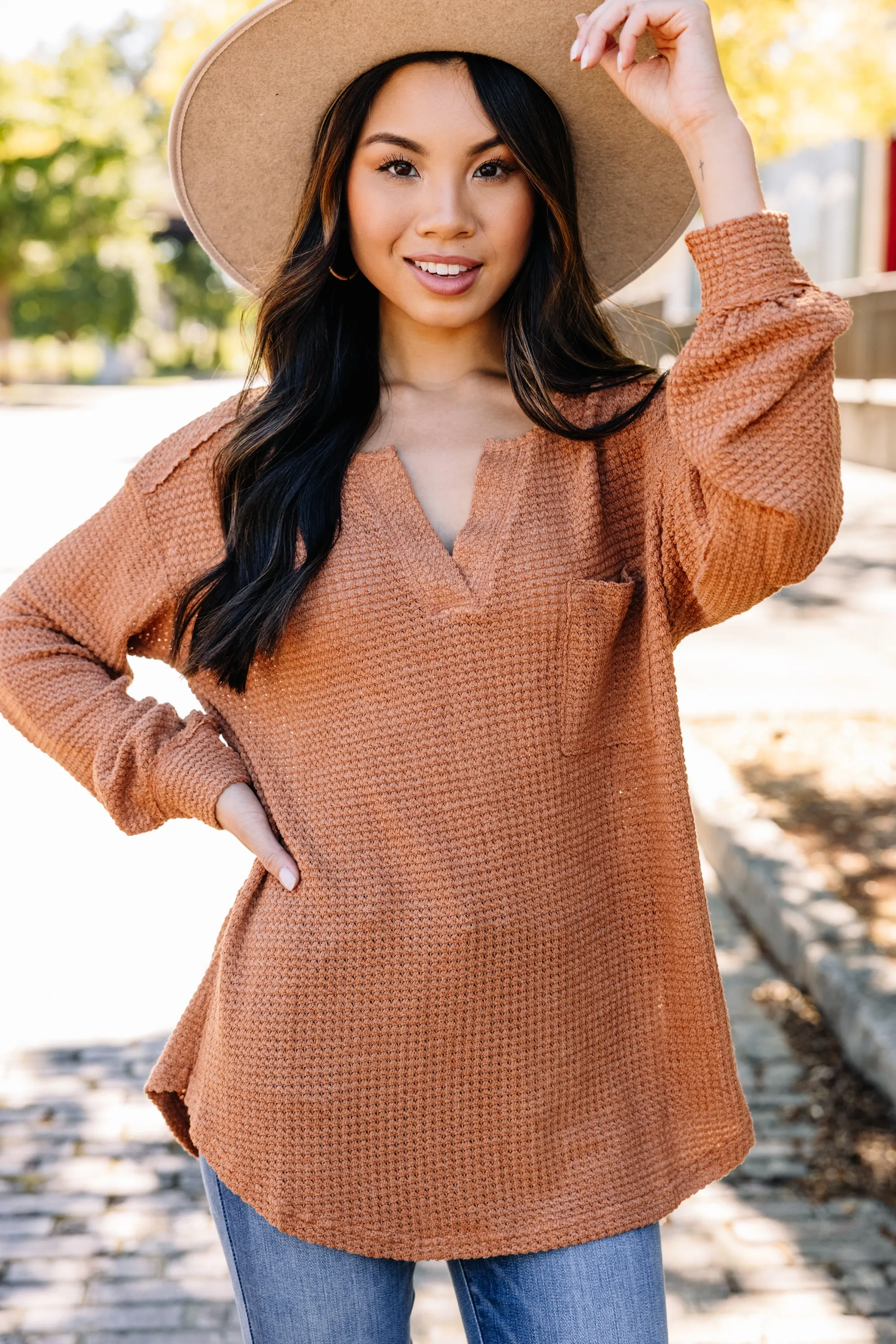 Check On You Rust Orange Waffle Knit Top