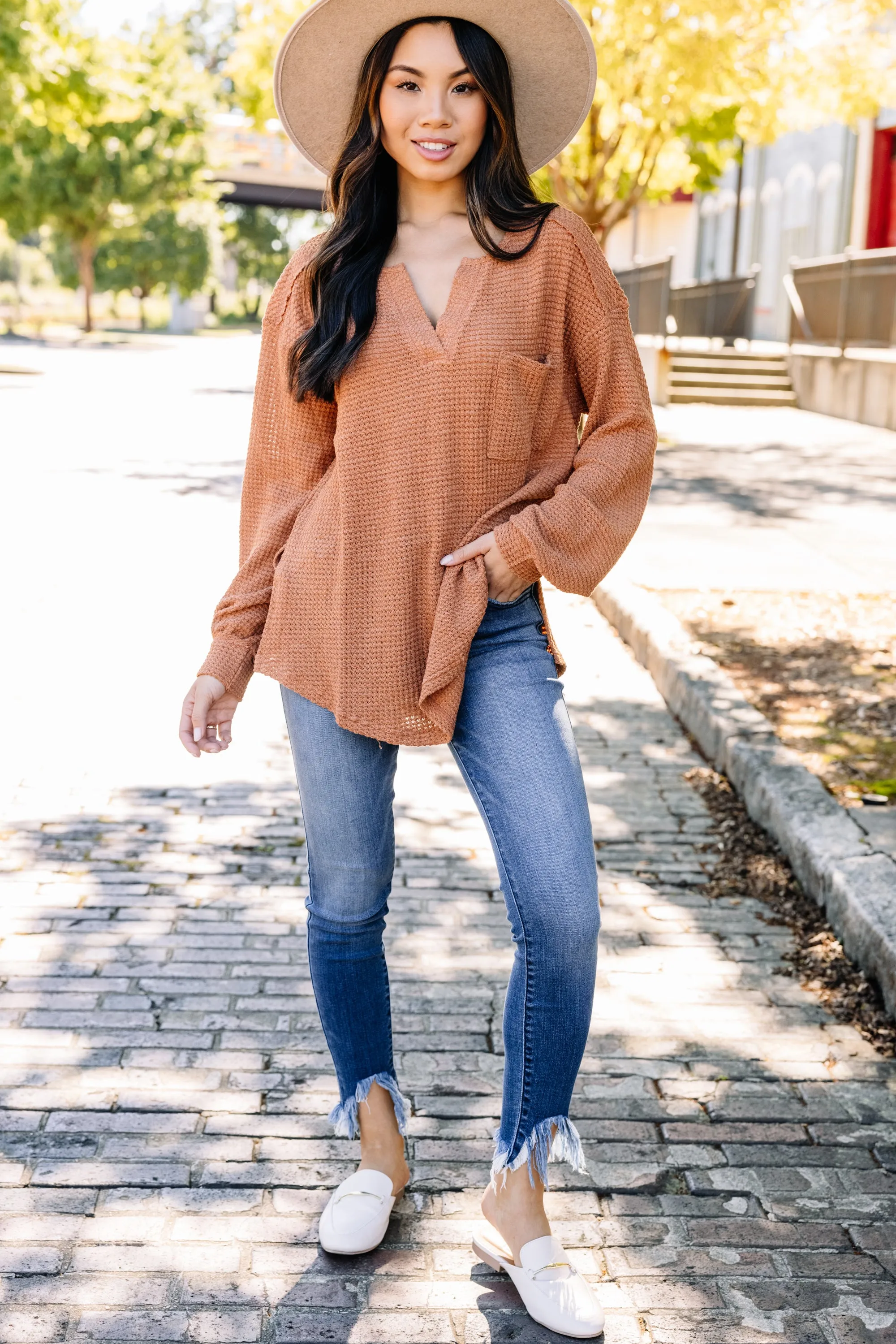 Check On You Rust Orange Waffle Knit Top