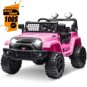 Clovercat 12V Ride On Toys Battery-Operated Jeep Car for Kids, Electric Powered Toy Truck, with Parent Remote Control, LED Lights, Bluetooth Music and Spring Suspension, Pink