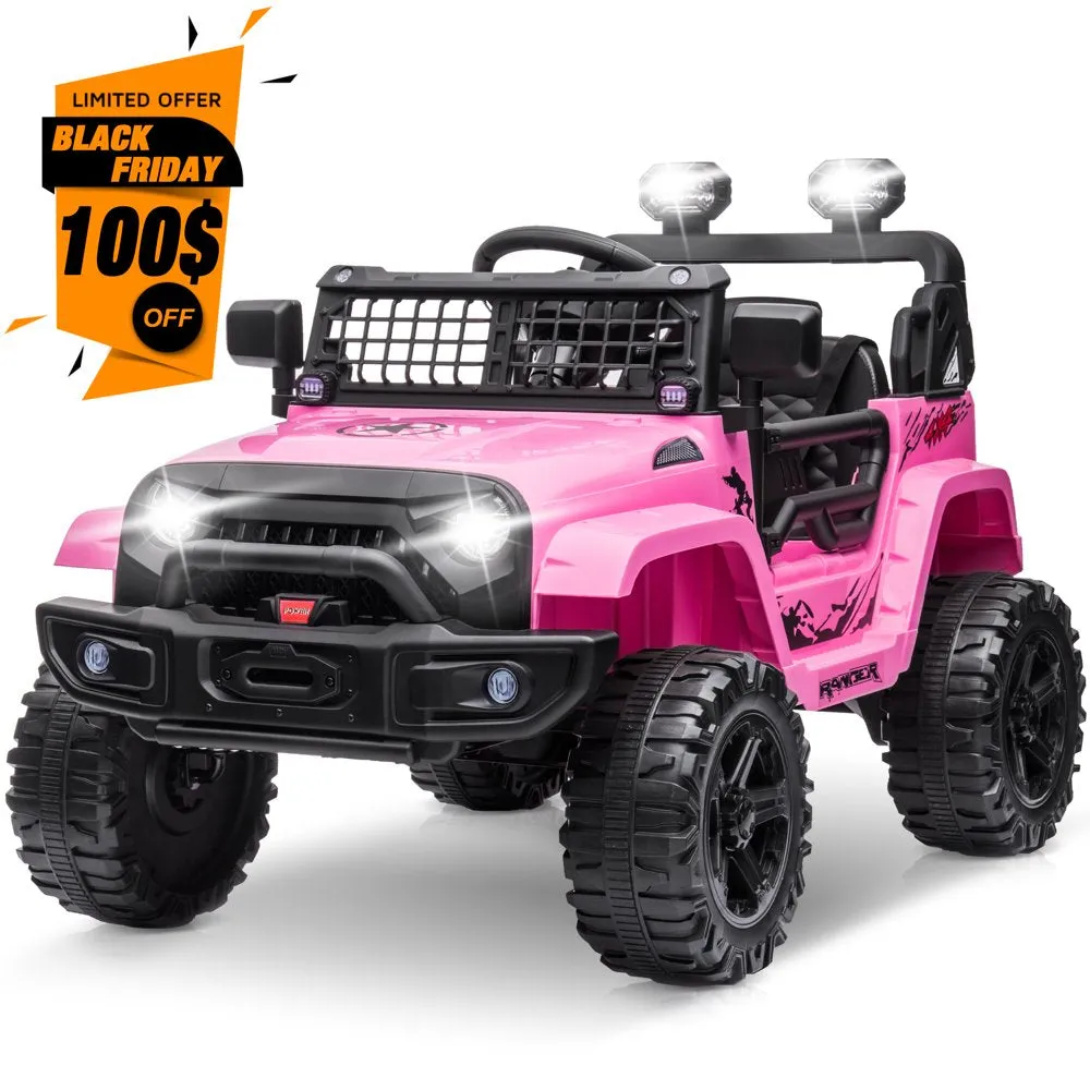 Clovercat 12V Ride On Toys Battery-Operated Jeep Car for Kids, Electric Powered Toy Truck, with Parent Remote Control, LED Lights, Bluetooth Music and Spring Suspension, Pink