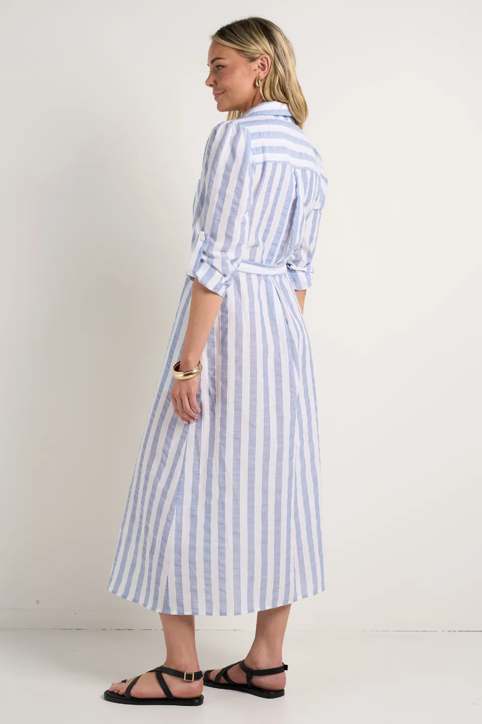 Cyprus Blue Stripe LS Shirt Midi Dress