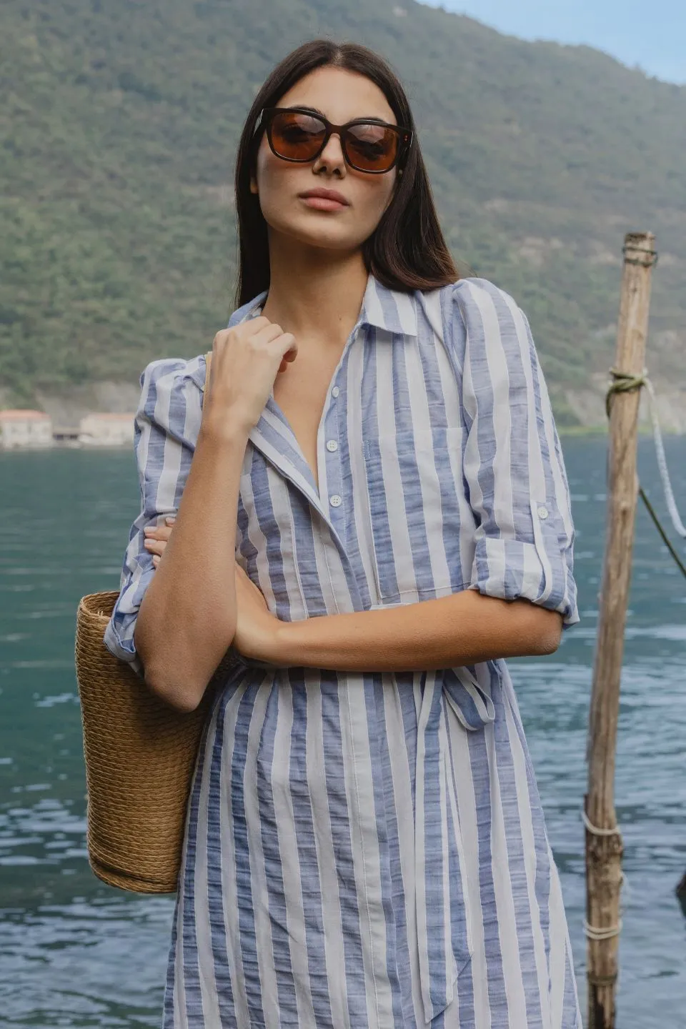 Cyprus Blue Stripe LS Shirt Midi Dress
