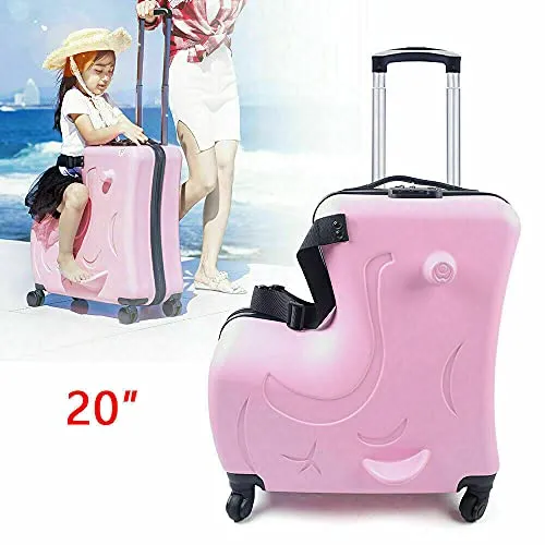 Fetcoi 20" Travel Luggage Rolling Suitcase Ride on Cartoon Luggage ABS PU Unisex Case Pink