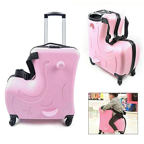 Fetcoi 20" Travel Luggage Rolling Suitcase Ride on Cartoon Luggage ABS PU Unisex Case Pink