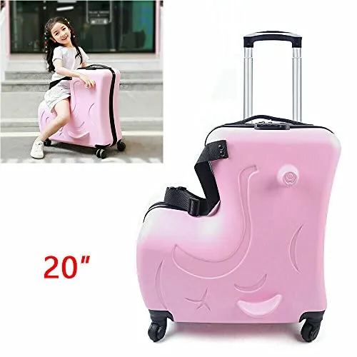Fetcoi 20" Travel Luggage Rolling Suitcase Ride on Cartoon Luggage ABS PU Unisex Case Pink
