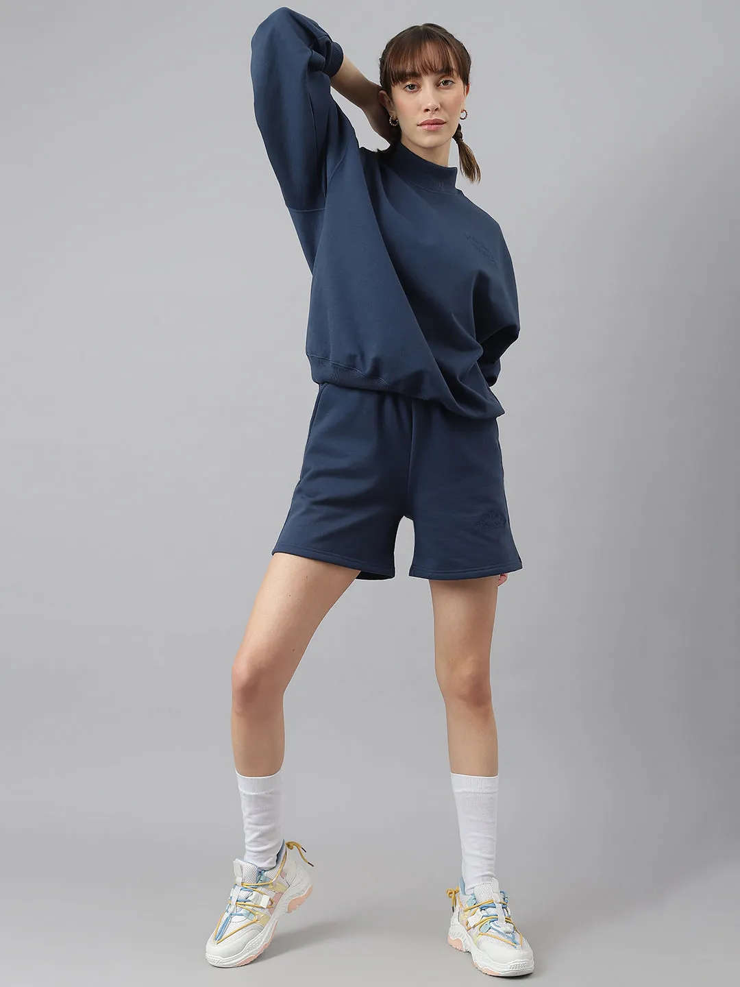 Fitkin Women Blue Crew Neck Oversized Sweatshirt
