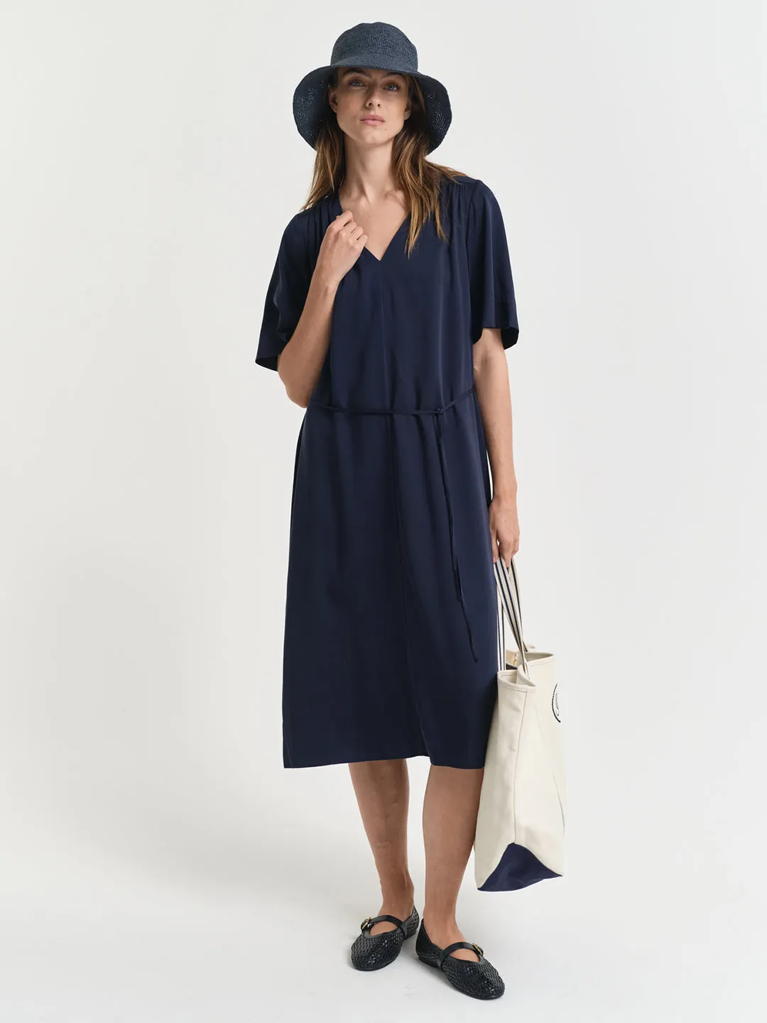 Gant Women Navy Blue Solid V-Neck Short Sleeves Shift Dress