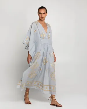 Kori Lefkada Long Kaftan | Light Grey & Gold