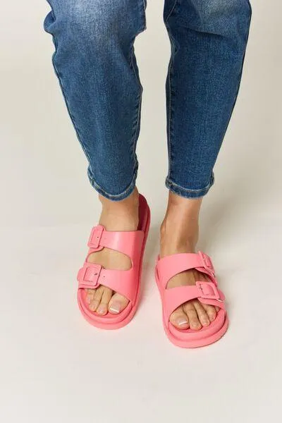Legend Double Buckle Open Toe Pink Flat Sandals