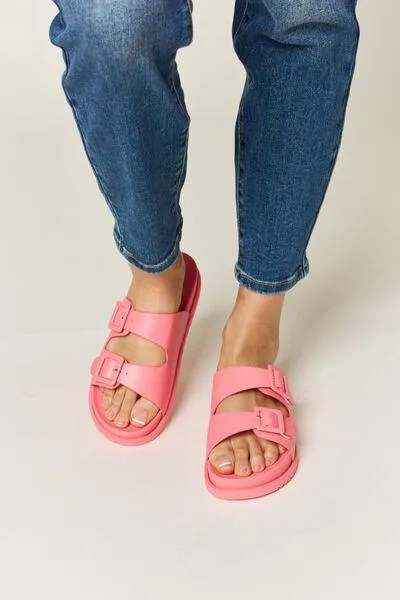 Legend Double Buckle Open Toe Pink Flat Sandals
