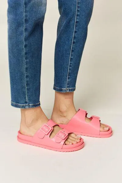 Legend Double Buckle Open Toe Pink Flat Sandals