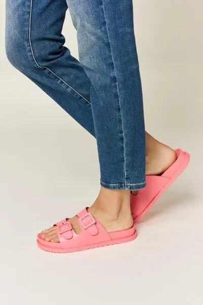 Legend Double Buckle Open Toe Pink Flat Sandals