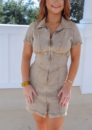 Mary Kate Acid Wash Utility Dress- Tan