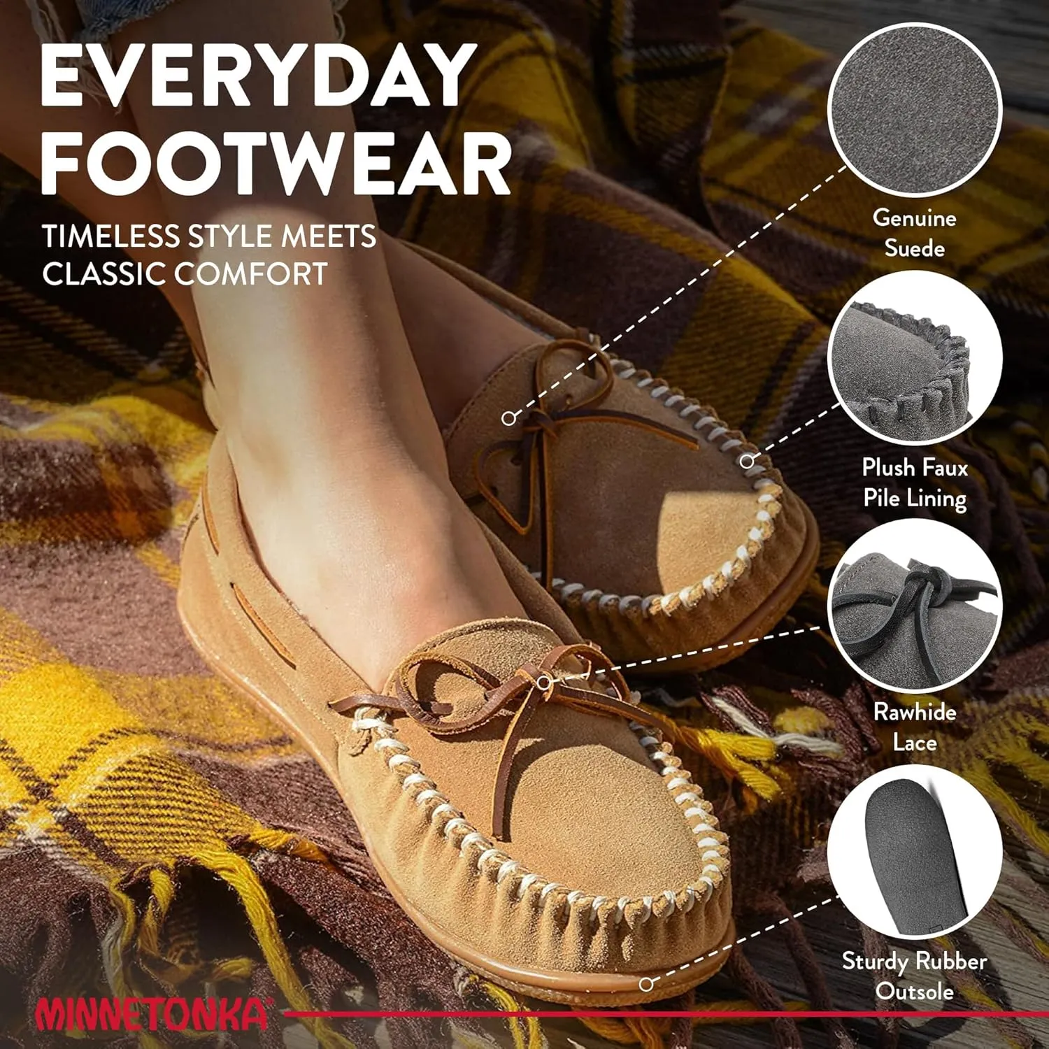 Minnetonka Womens Camp Tie Moc  Cozy, Suede Moccasin Slippers for Women with Plush Pile Lining, Cushioned Footbed, and Durable Sole for Indoor & Outdoor Comfort