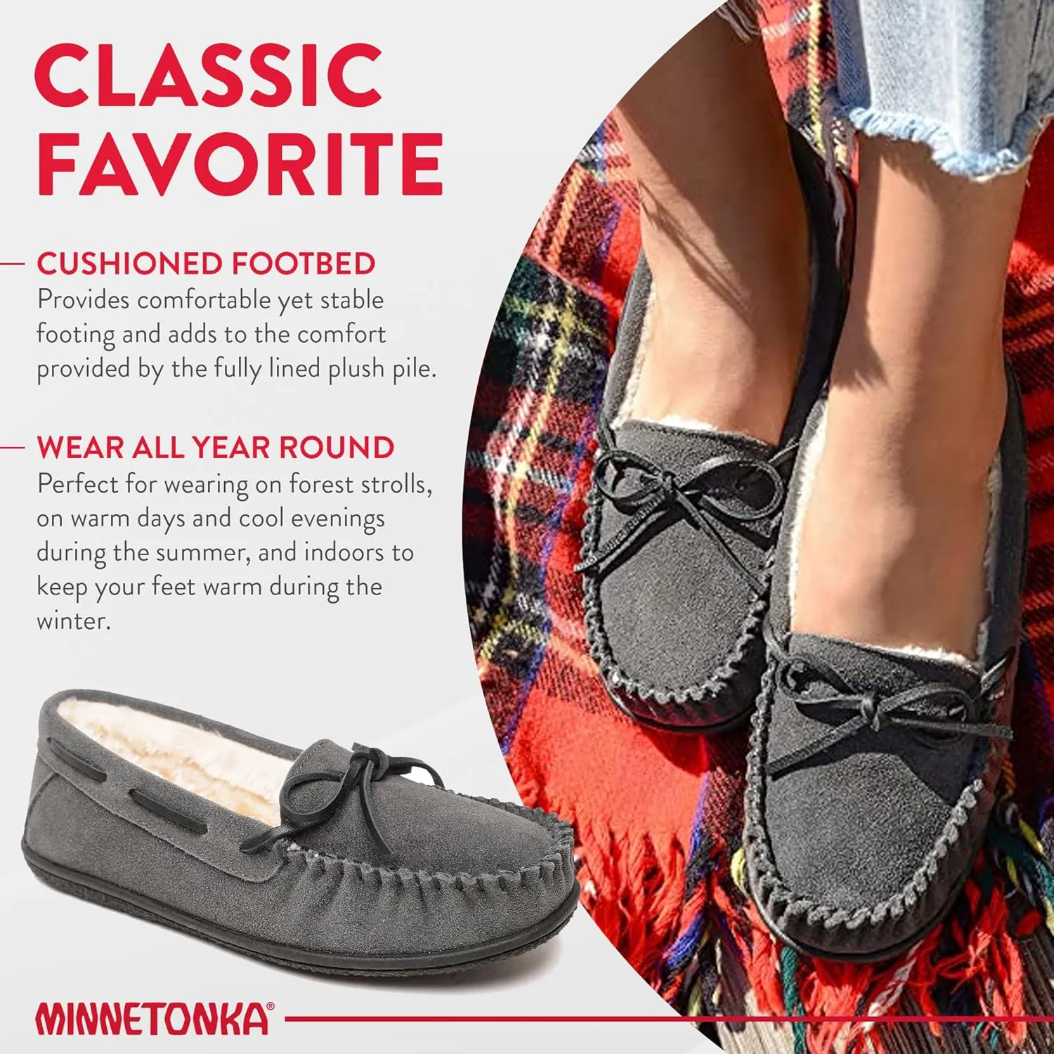 Minnetonka Womens Camp Tie Moc  Cozy, Suede Moccasin Slippers for Women with Plush Pile Lining, Cushioned Footbed, and Durable Sole for Indoor & Outdoor Comfort