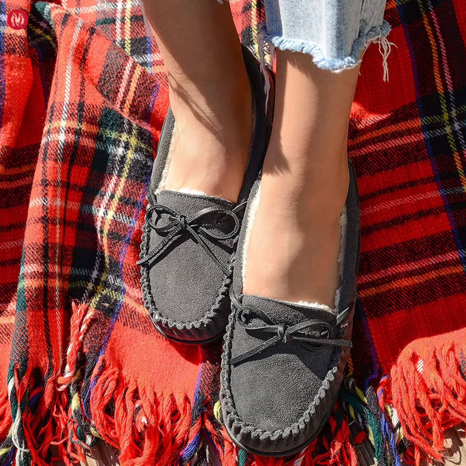 Minnetonka Womens Camp Tie Moc  Cozy, Suede Moccasin Slippers for Women with Plush Pile Lining, Cushioned Footbed, and Durable Sole for Indoor & Outdoor Comfort