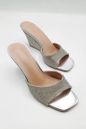 Natassia  Diamante Encrusted Slip On Wedges in Silver