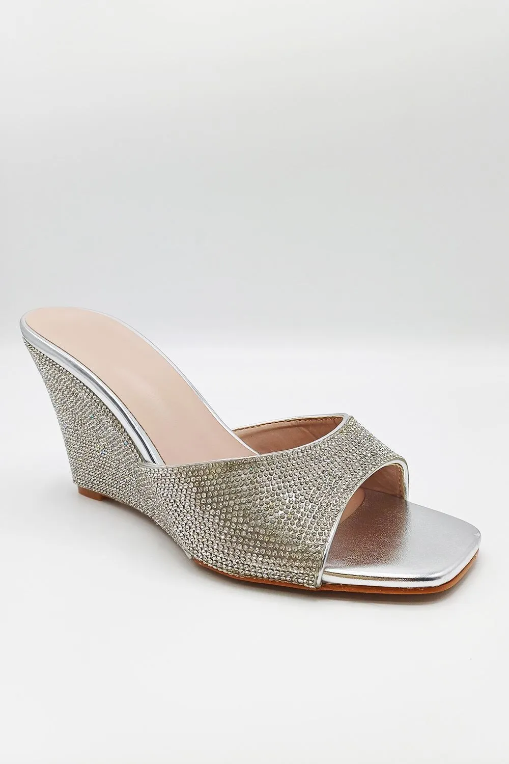 Natassia  Diamante Encrusted Slip On Wedges in Silver