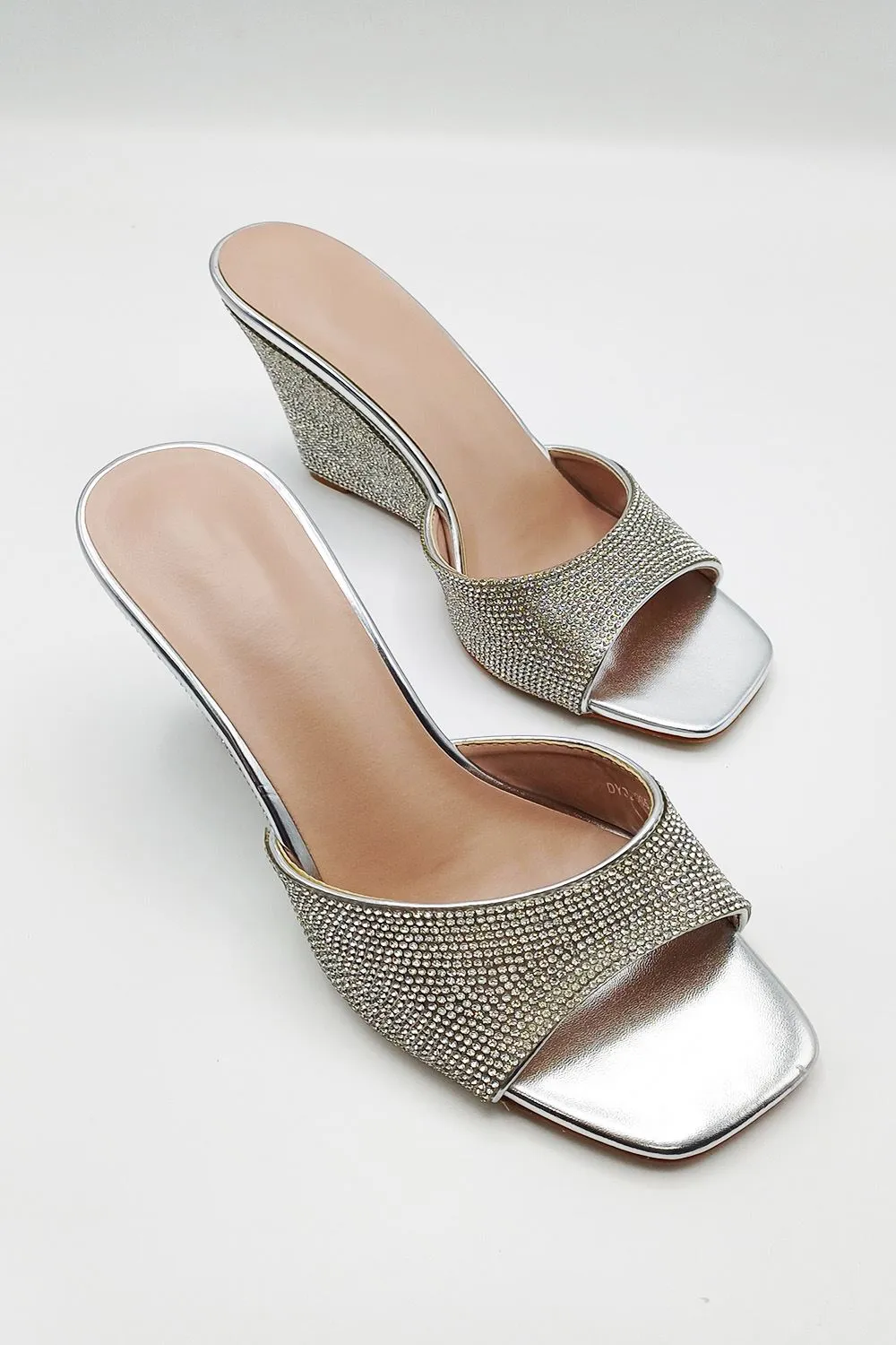 Natassia  Diamante Encrusted Slip On Wedges in Silver