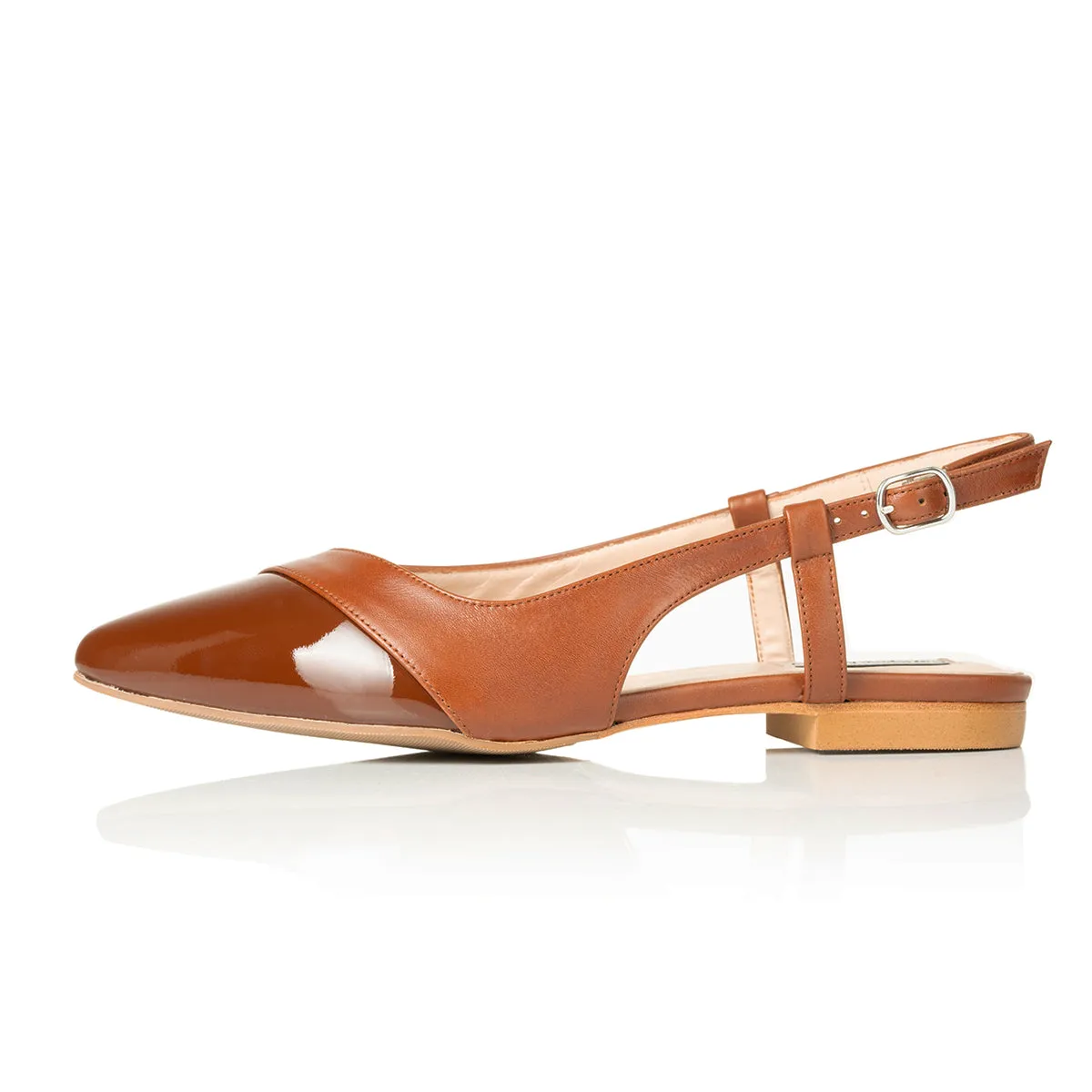 Sadie Extra Wide Width Slingback Flats - Tan Leather & Patent