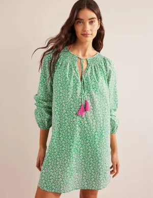 Smocked Neck Beach Kaftan-Bright Green, Abstract Foliage