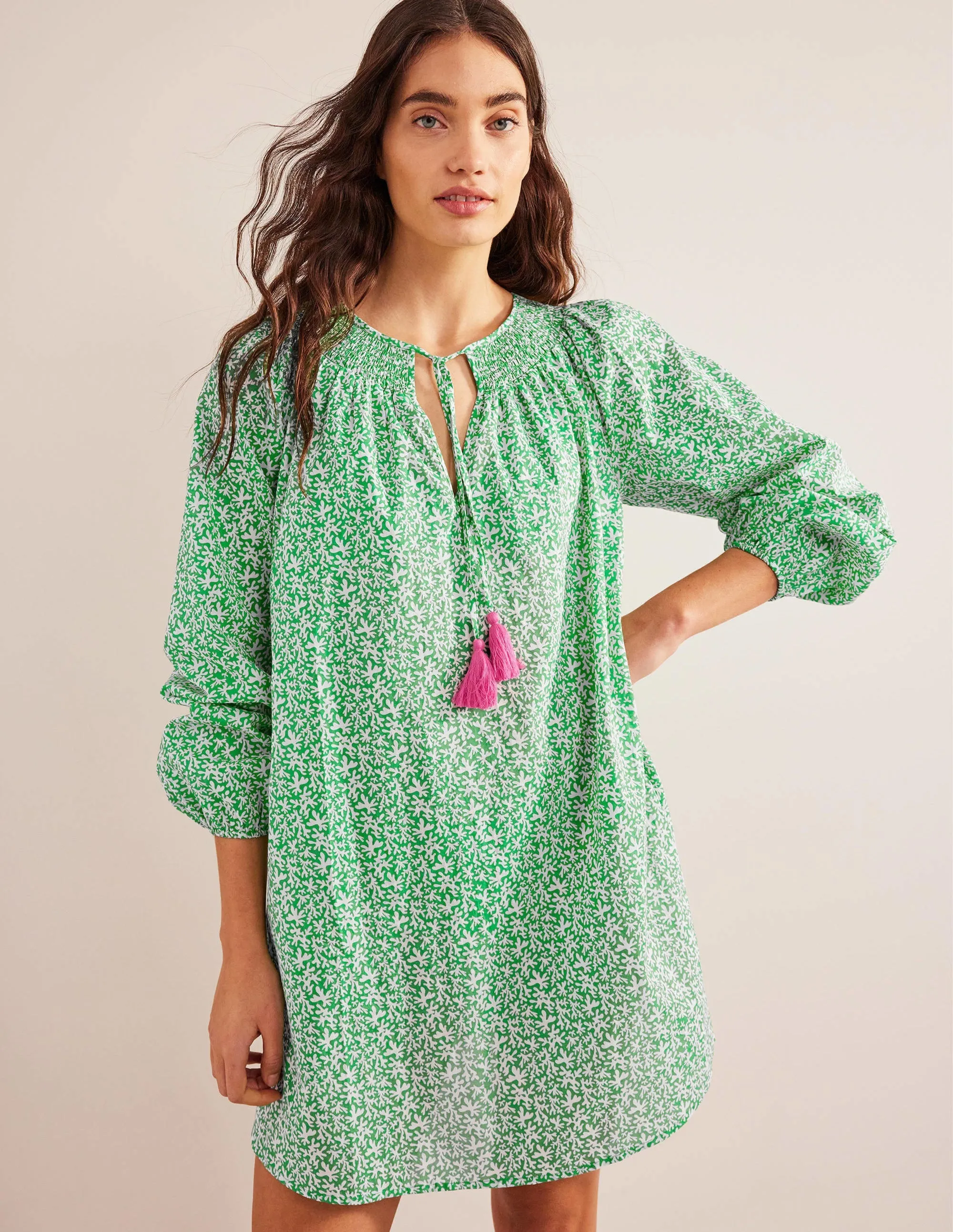 Smocked Neck Beach Kaftan-Bright Green, Abstract Foliage
