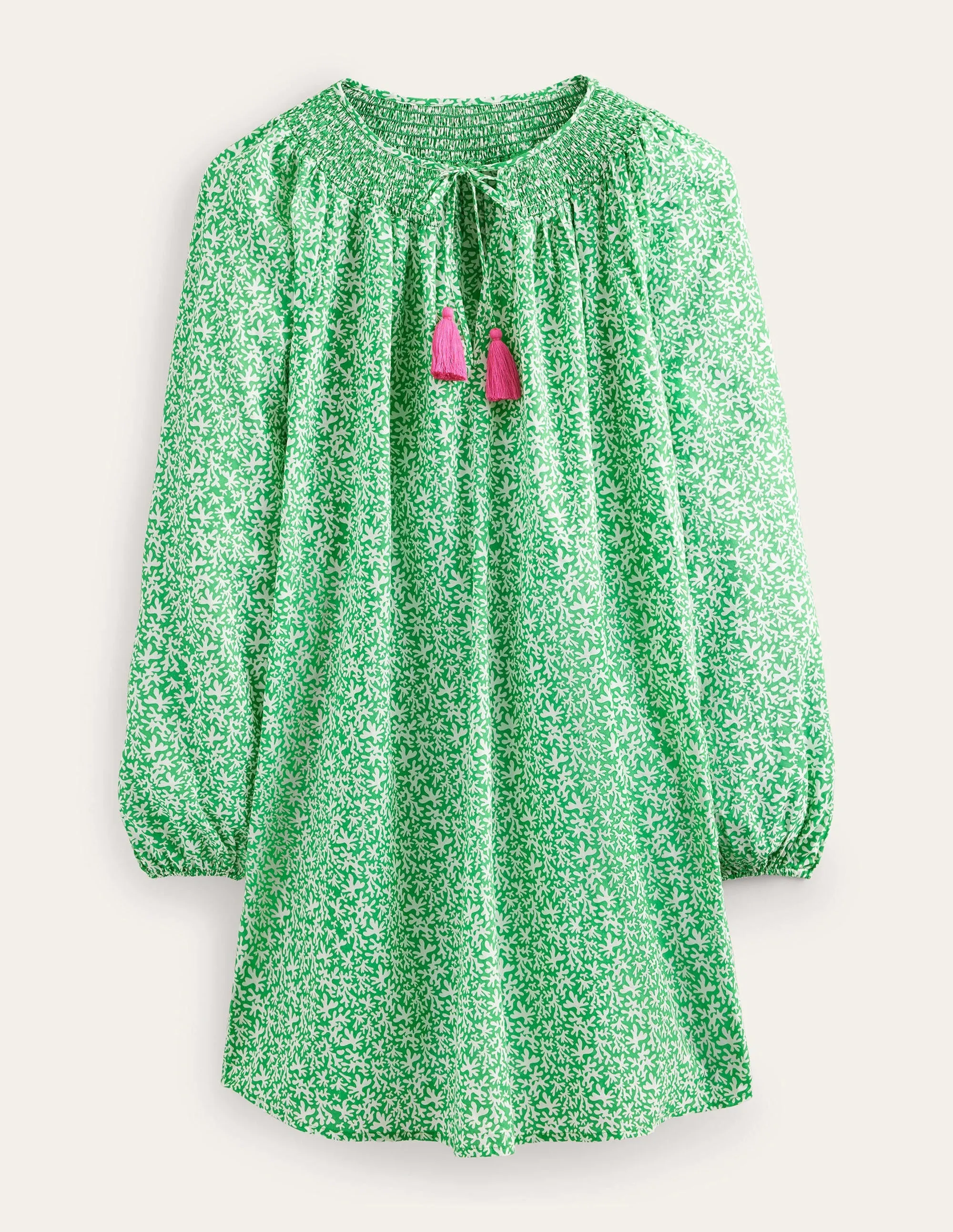 Smocked Neck Beach Kaftan-Bright Green, Abstract Foliage