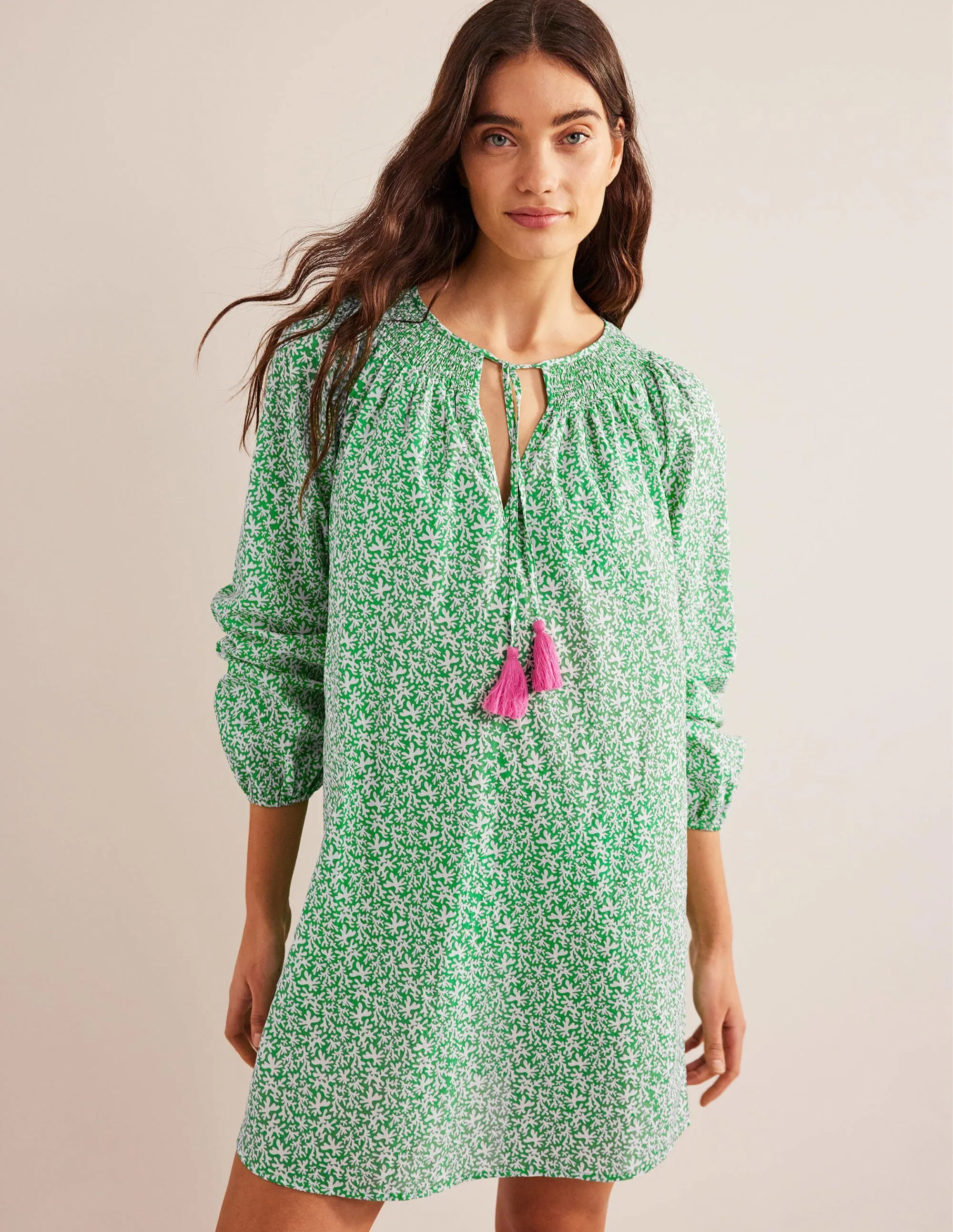 Smocked Neck Beach Kaftan-Bright Green, Abstract Foliage