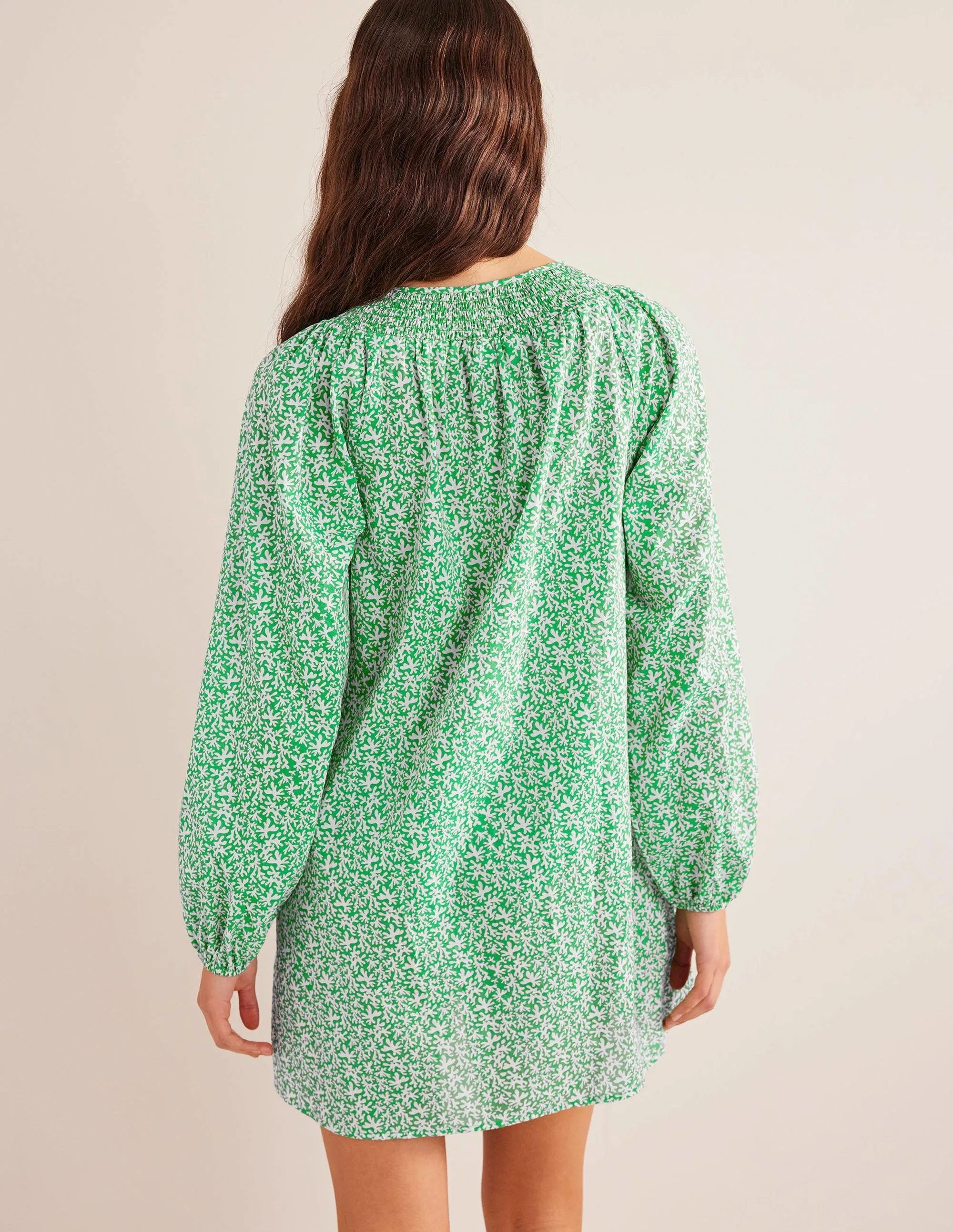 Smocked Neck Beach Kaftan-Bright Green, Abstract Foliage