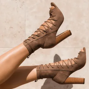 Suede Chunky Heel Peep Toe Lace Up Sandals