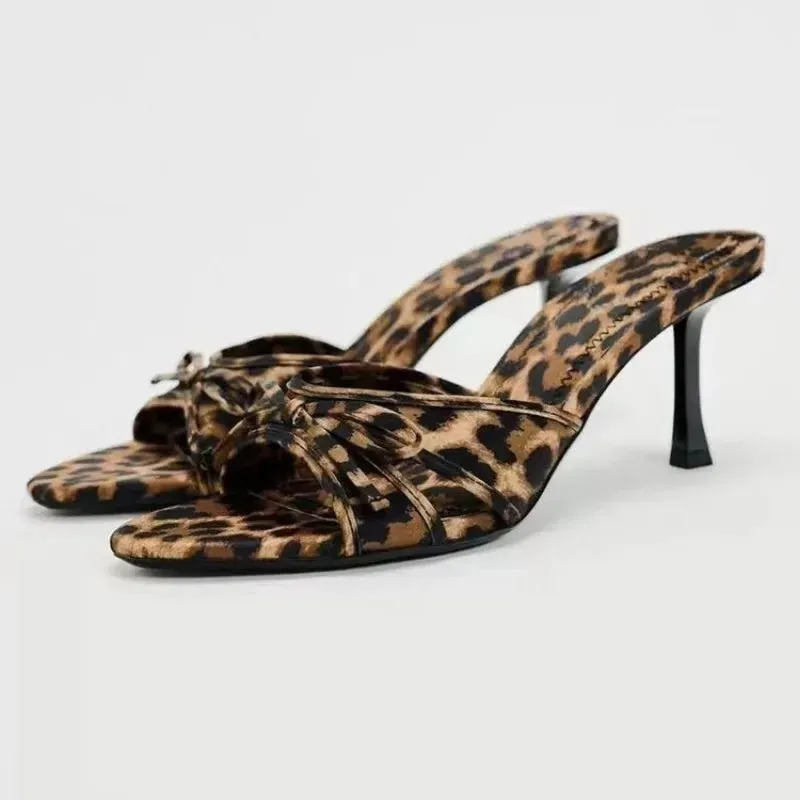 Summer Women's High Heels New Pointy Thin Leopard Print Slippers Casual Fashion Slippers Chaussure Femme
