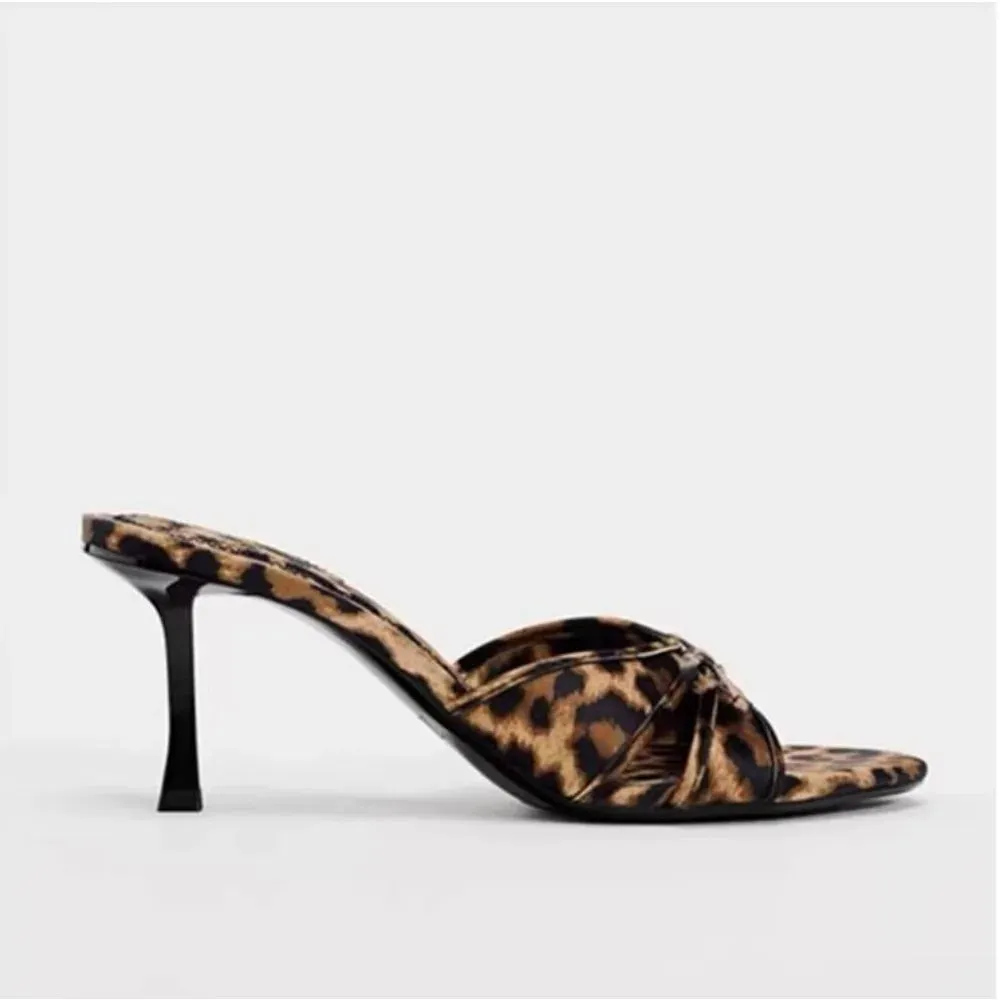 Summer Women's High Heels New Pointy Thin Leopard Print Slippers Casual Fashion Slippers Chaussure Femme