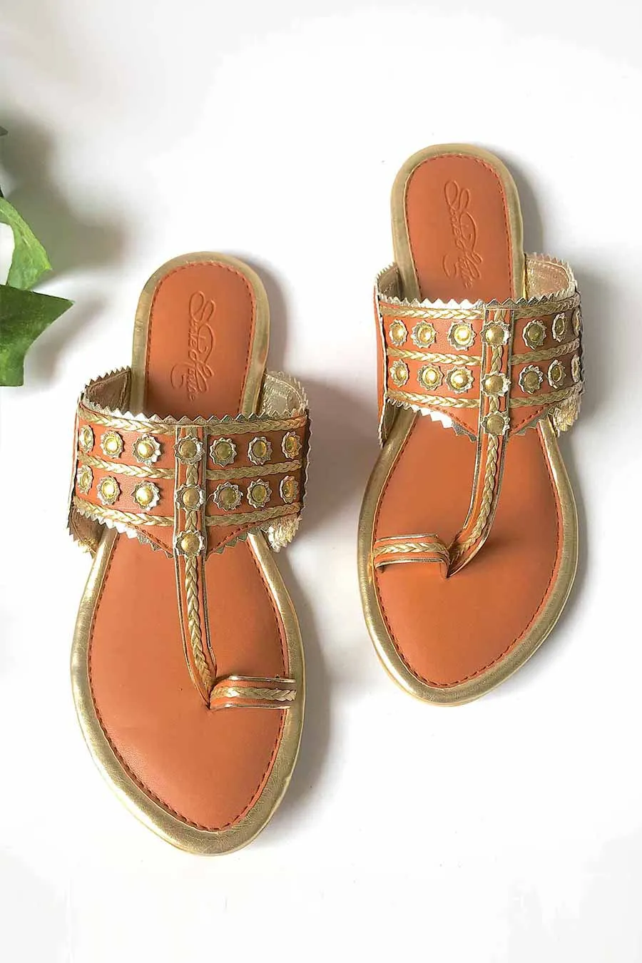 Tan Gold Filigree Kolhapuri Flats
