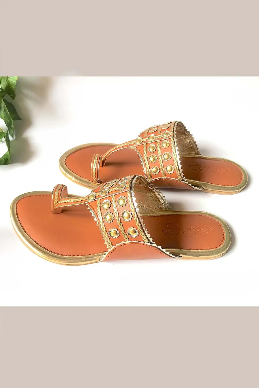 Tan Gold Filigree Kolhapuri Flats
