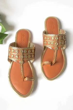 Tan Gold Filigree Kolhapuri Flats
